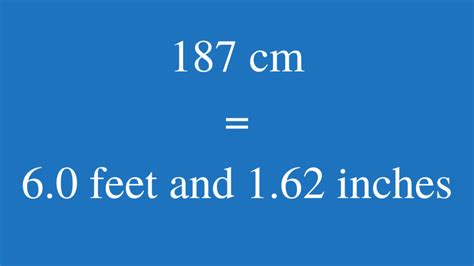 Step 1 Convert from meters to feet. . 187 cm in feet and inches